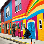 Community Mural Project**

Prompt: Vibrant, colorful community mural painting in an urban neighborhood. Diverse group of people of all ages collaborating on the artwork. The mural depicts scenes of local life and cultural heritage. Focus on the energy and collaboration of the participants, emphasizing social impact and urban revitalization. Street art elements, visible paintbrushes and tools. Realistic photography style.

**
