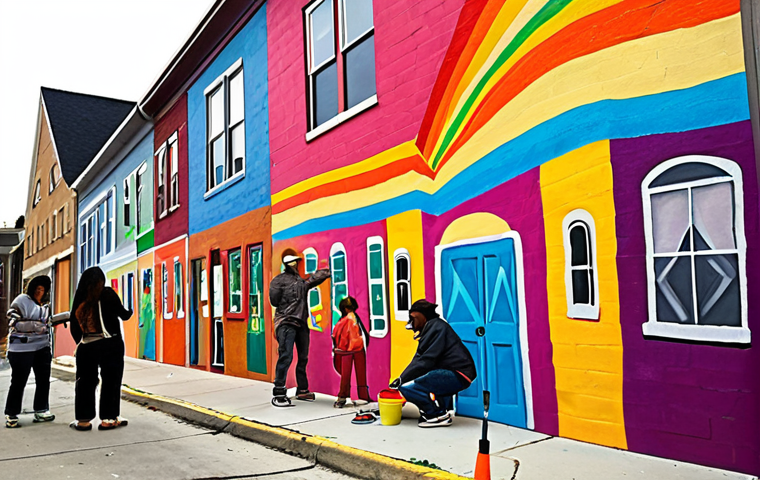 Community Mural Project**
Prompt: Vibrant, colorful community mural painting in an urban neighborhood. Diverse group of people of all ages collaborating on the artwork. The mural depicts scenes of local life and cultural heritage. Focus on the energy and collaboration of the participants, emphasizing social impact and urban revitalization. Street art elements, visible paintbrushes and tools. Realistic photography style.
**