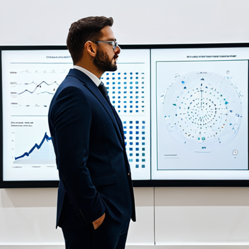 A professional cultural manager in a modest business suit, standing in a contemporary art gallery office. The manager is looking thoughtfully towards a large transparent digital display showing strategic planning charts and abstract data visualizations, representing adaptive strategy and foresight. The setting features clean lines and minimalist design elements. The image conveys leadership and innovation in the arts sector. Fully clothed, appropriate attire, safe for work, perfect anatomy, correct proportions, natural pose, professional dress, well-formed hands, proper finger count, natural body proportions, professional photography, high quality, appropriate content.
