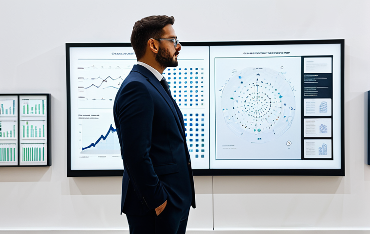 A professional cultural manager in a modest business suit, standing in a contemporary art gallery office. The manager is looking thoughtfully towards a large transparent digital display showing strategic planning charts and abstract data visualizations, representing adaptive strategy and foresight. The setting features clean lines and minimalist design elements. The image conveys leadership and innovation in the arts sector. Fully clothed, appropriate attire, safe for work, perfect anatomy, correct proportions, natural pose, professional dress, well-formed hands, proper finger count, natural body proportions, professional photography, high quality, appropriate content.