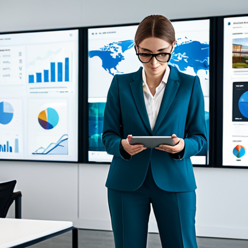 A professional cultural art planner in a modest business suit, standing in a modern, spacious office with large screens displaying interactive global art market data and virtual reality gallery concepts. The subject is thoughtfully interacting with a tablet, showcasing a global perspective on art. Fully clothed, appropriate attire, safe for work, perfect anatomy, natural pose, well-formed hands, correct proportions, professional photography, high quality, appropriate content, family-friendly.