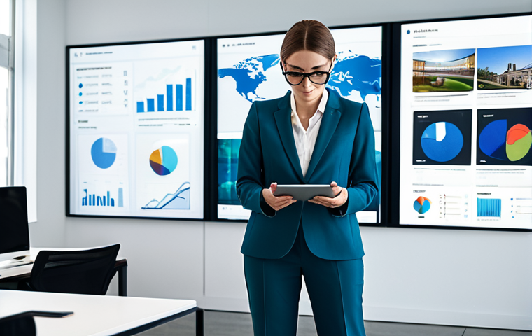 A professional cultural art planner in a modest business suit, standing in a modern, spacious office with large screens displaying interactive global art market data and virtual reality gallery concepts. The subject is thoughtfully interacting with a tablet, showcasing a global perspective on art. Fully clothed, appropriate attire, safe for work, perfect anatomy, natural pose, well-formed hands, correct proportions, professional photography, high quality, appropriate content, family-friendly.