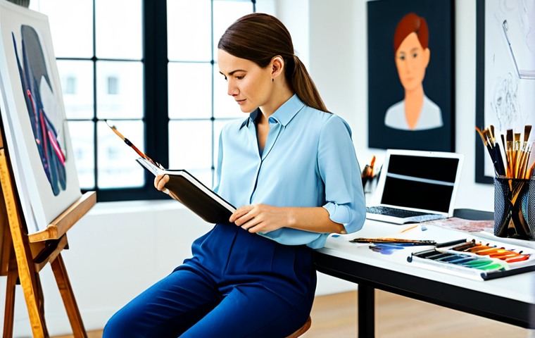 Transitioning from Arts to Tech**
"A determined woman in her late 30s, wearing a stylish but modest blouse and slacks, sitting at a desk with both art supplies (paintbrushes, sketchbooks) and a laptop displaying code. The background is a blurred blend of an art studio and a modern, bright office space. The image symbolizes a career transition. Fully clothed, appropriate attire, safe for work, perfect anatomy, natural proportions, professional, family-friendly, high quality."
**