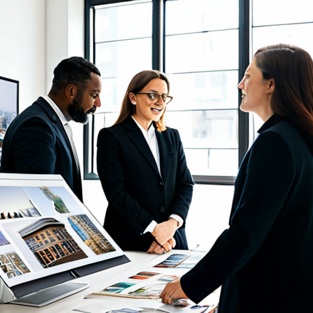 **
"A diverse group of art professionals collaborating in a modern, sunlit office. They are reviewing digital art pieces on large monitors and discussing project strategies. The scene includes architectural models and international art magazines. Everyone is fully clothed in appropriate business attire, safe for work, showcasing collaboration and cultural exchange. Perfect anatomy, correct proportions, natural pose, professional setting, high quality, modest, family-friendly."
**
