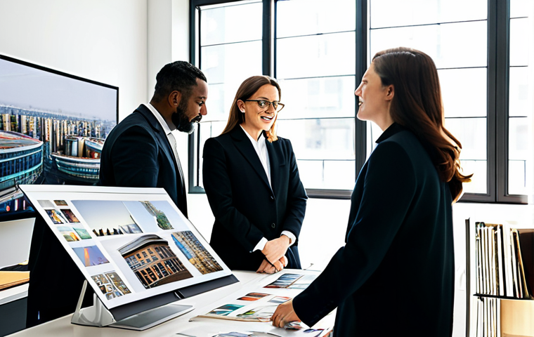 **
"A diverse group of art professionals collaborating in a modern, sunlit office. They are reviewing digital art pieces on large monitors and discussing project strategies. The scene includes architectural models and international art magazines. Everyone is fully clothed in appropriate business attire, safe for work, showcasing collaboration and cultural exchange. Perfect anatomy, correct proportions, natural pose, professional setting, high quality, modest, family-friendly."
**