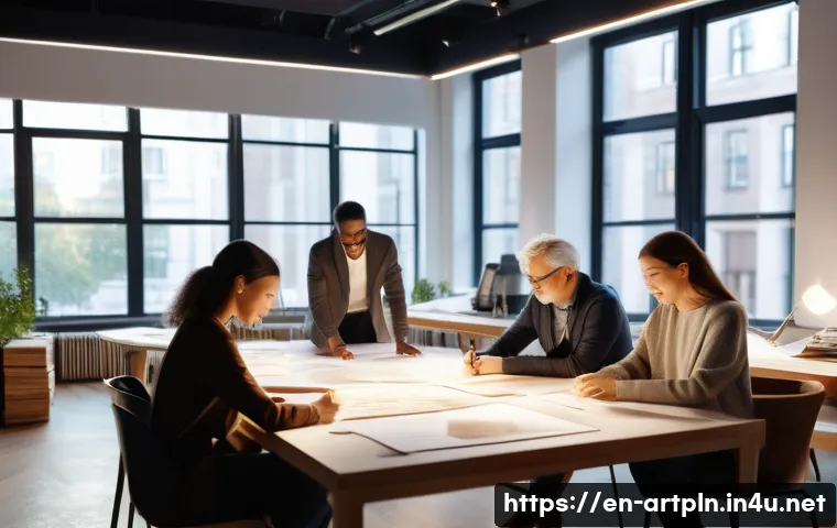 미술문화기획사의 채용 공고 작성 팁 - A vibrant, wide-angle shot of a diverse team of cultural experience architects collaborating in a lu...