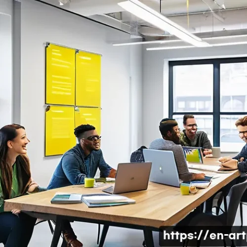 미술문화기획사의 팀워크 향상 방법 - A diverse creative team gathered in a modern, bright office space for a weekly progress meeting, sit...