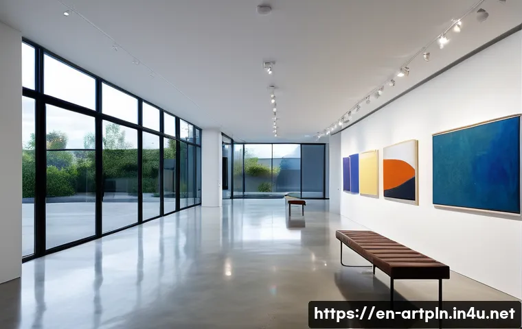 미술문화기획사의 전시 이벤트 운영 팁 - A modern art gallery interior with minimalist design, featuring white walls and large floor-to-ceili...