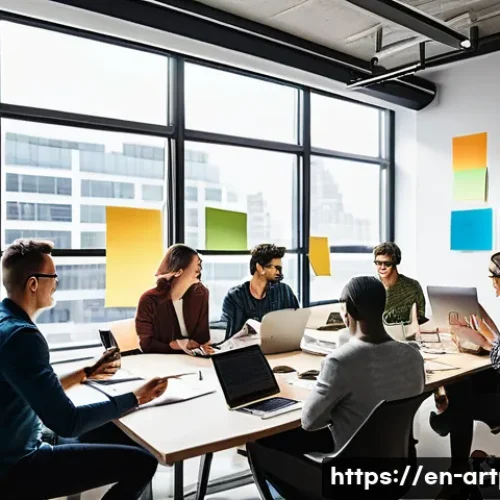 미술문화기획사의 조직 문화 특징 - A vibrant modern creative agency workspace filled with diverse professionals collaborating enthusias...