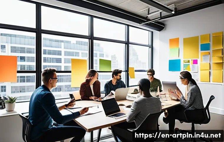 미술문화기획사의 조직 문화 특징 - A vibrant modern creative agency workspace filled with diverse professionals collaborating enthusias...