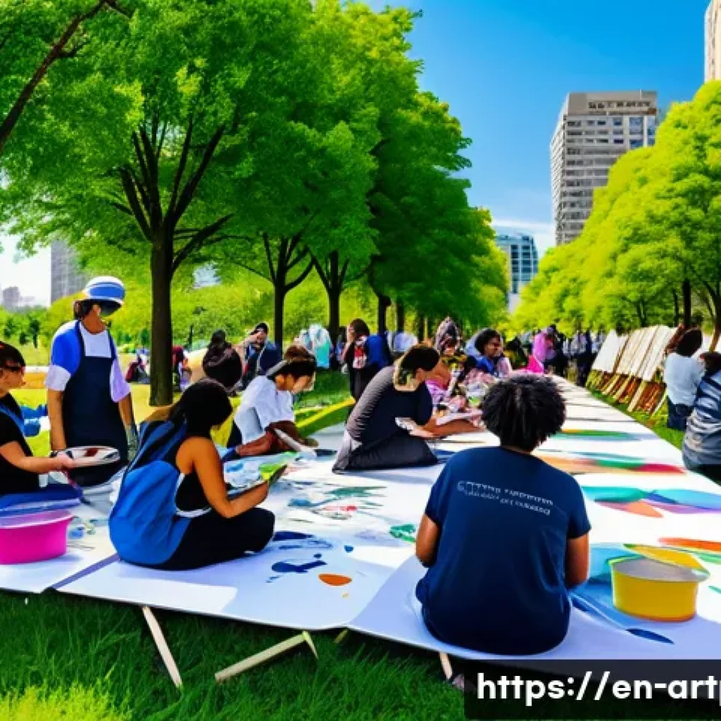 미술문화기획사의 창의적 문제 해결 스토리 - A vibrant community art workshop set in a sunny urban park, featuring diverse participants of all ag...