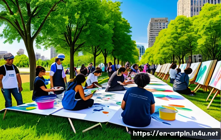 미술문화기획사의 창의적 문제 해결 스토리 - A vibrant community art workshop set in a sunny urban park, featuring diverse participants of all ag...