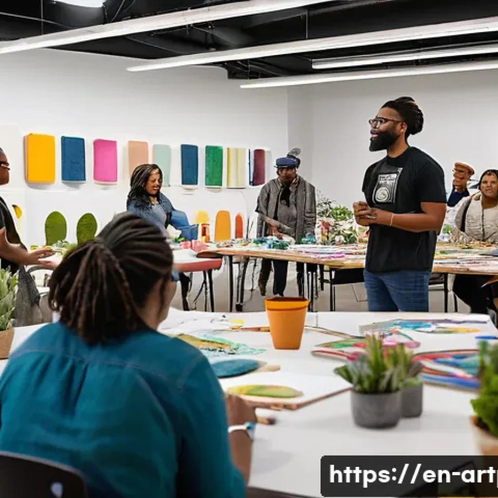 미술문화기획사의 직무 수행 성공 사례 - A vibrant community art workshop scene set in a bright, modern studio filled with diverse local resi...