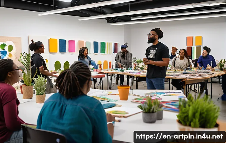 미술문화기획사의 직무 수행 성공 사례 - A vibrant community art workshop scene set in a bright, modern studio filled with diverse local resi...