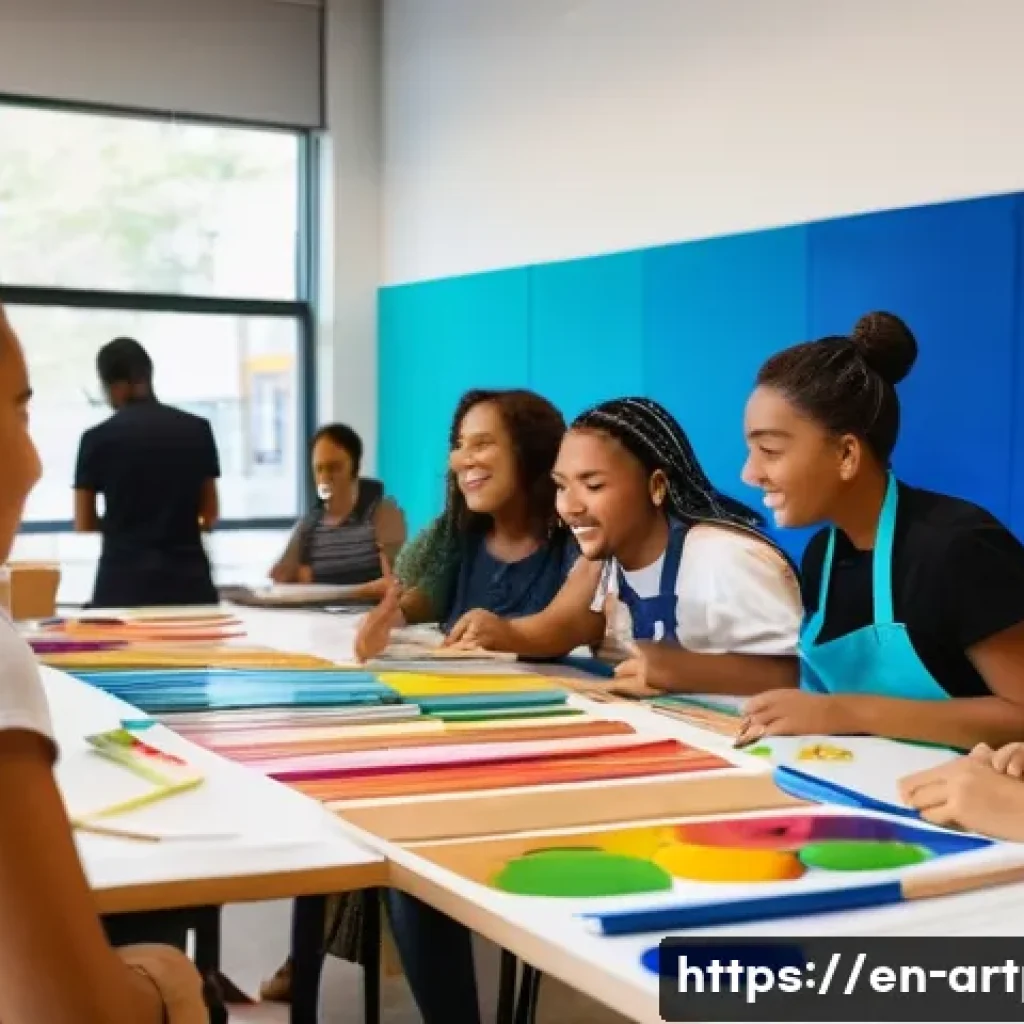 미술문화기획사의 연간 목표 설정법 - A vibrant community art workshop scene inside a modern cultural center, diverse group of adults and ...