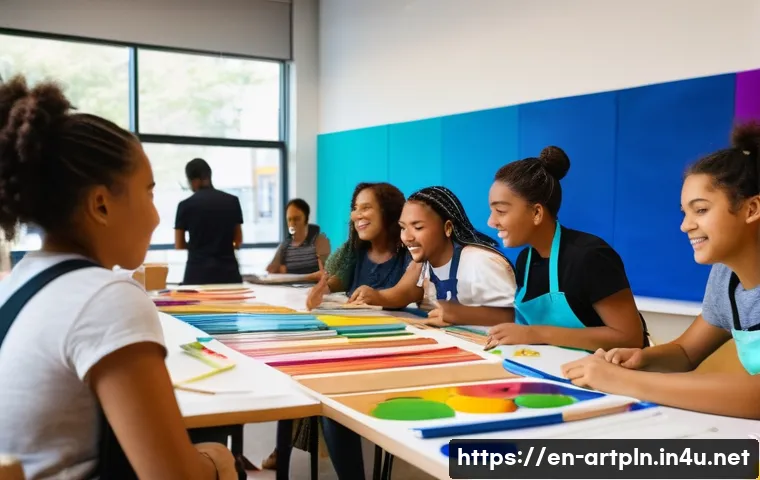 미술문화기획사의 연간 목표 설정법 - A vibrant community art workshop scene inside a modern cultural center, diverse group of adults and ...