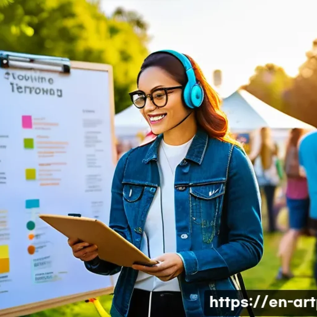 미술문화기획사와 큐레이터의 차이점 - A dynamic cultural planner coordinating a vibrant outdoor art festival in a modern urban park settin...