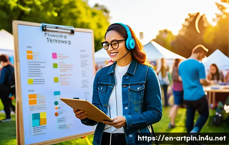 미술문화기획사와 큐레이터의 차이점 - A dynamic cultural planner coordinating a vibrant outdoor art festival in a modern urban park settin...