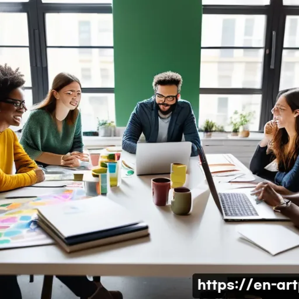 미술문화기획사의 주간 업무 스케줄 - A vibrant creative brainstorming session in a modern art agency office, diverse team members—curator...