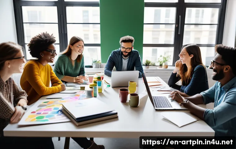 미술문화기획사의 주간 업무 스케줄 - A vibrant creative brainstorming session in a modern art agency office, diverse team members—curator...