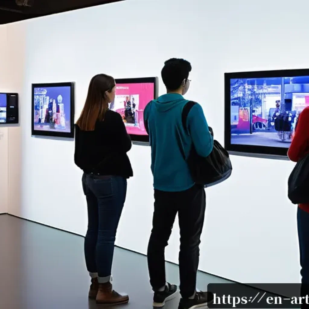 미술문화기획사의 효과적인 마케팅 캠페인 - A vibrant art gallery scene featuring diverse visitors engaging deeply with multimedia storytelling ...