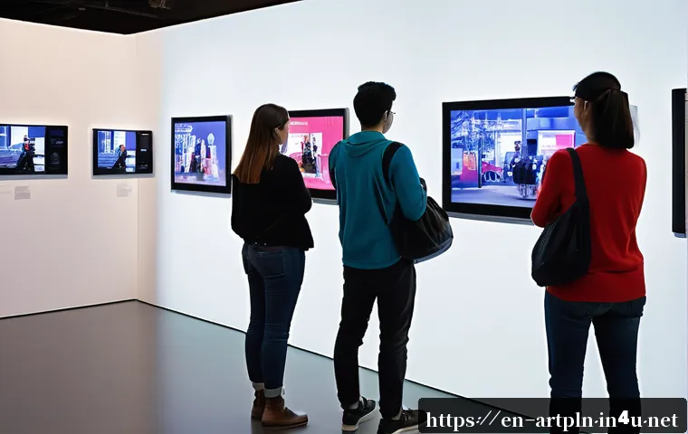 미술문화기획사의 효과적인 마케팅 캠페인 - A vibrant art gallery scene featuring diverse visitors engaging deeply with multimedia storytelling ...