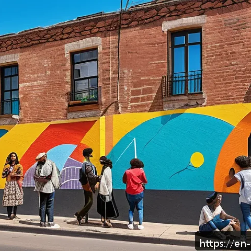 미술문화기획사와 공공 예술 프로젝트 사례 - A vibrant urban mural on a brick wall in a lively neighborhood, depicting diverse community members ...