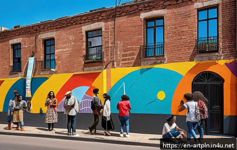 미술문화기획사와 공공 예술 프로젝트 사례 - A vibrant urban mural on a brick wall in a lively neighborhood, depicting diverse community members ...