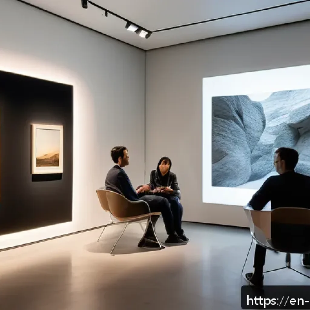 미술문화기획사의 전시회 현장 구성 방법 - A modern exhibition space featuring spatial storytelling design: softly lit sequential rooms with wa...