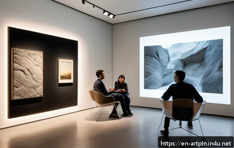 미술문화기획사의 전시회 현장 구성 방법 - A modern exhibition space featuring spatial storytelling design: softly lit sequential rooms with wa...