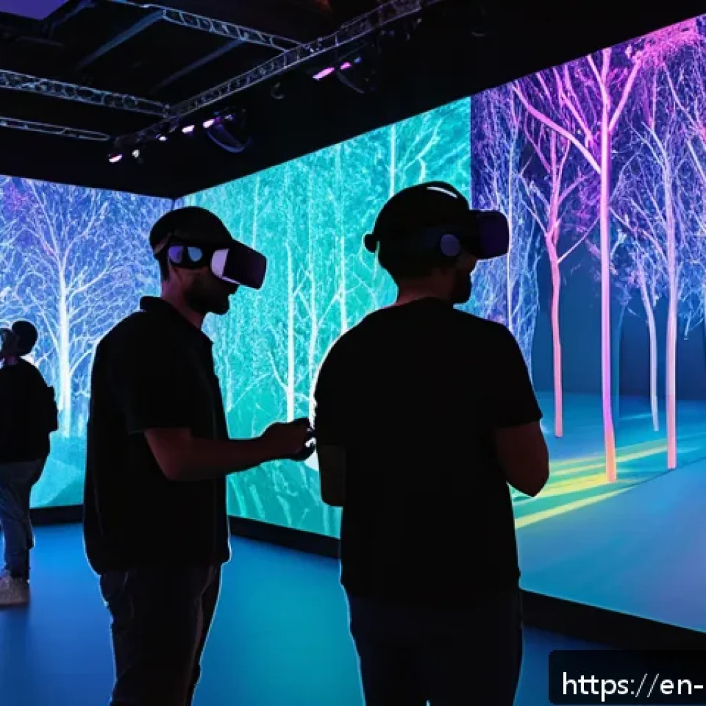 미술문화기획사와 관련된 단체 및 협회 - A vibrant, futuristic art event scene featuring diverse participants wearing casual clothing and int...