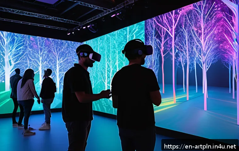 미술문화기획사와 관련된 단체 및 협회 - A vibrant, futuristic art event scene featuring diverse participants wearing casual clothing and int...