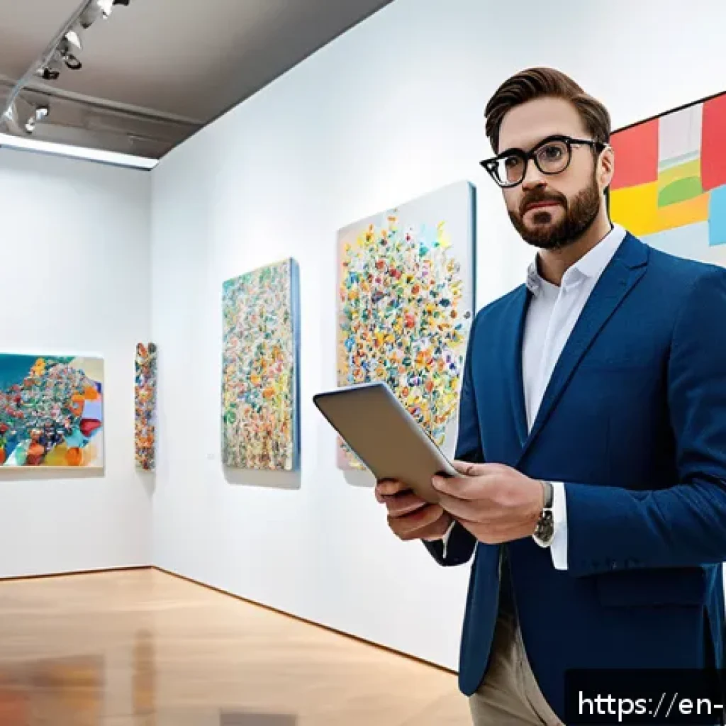 미술문화기획사의 직무에 적합한 성격 유형 - A dynamic creative director standing confidently in a modern art gallery filled with large abstract ...