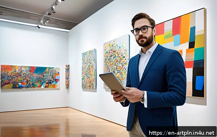 미술문화기획사의 직무에 적합한 성격 유형 - A dynamic creative director standing confidently in a modern art gallery filled with large abstract ...