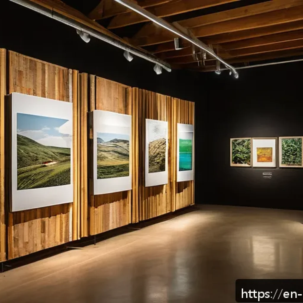 미술문화기획사의 지속 가능한 전시 기획 사례 - A modern art exhibition space featuring display stands made from reclaimed wood with visible natural...