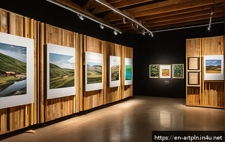 미술문화기획사의 지속 가능한 전시 기획 사례 - A modern art exhibition space featuring display stands made from reclaimed wood with visible natural...