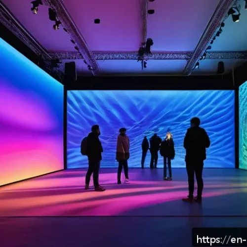 Home 32 미술문화기획사 관련 추천 유튜브 채널 - A large, modern art gallery transformed into an immersive installation space: vibrant, dynamic light...
