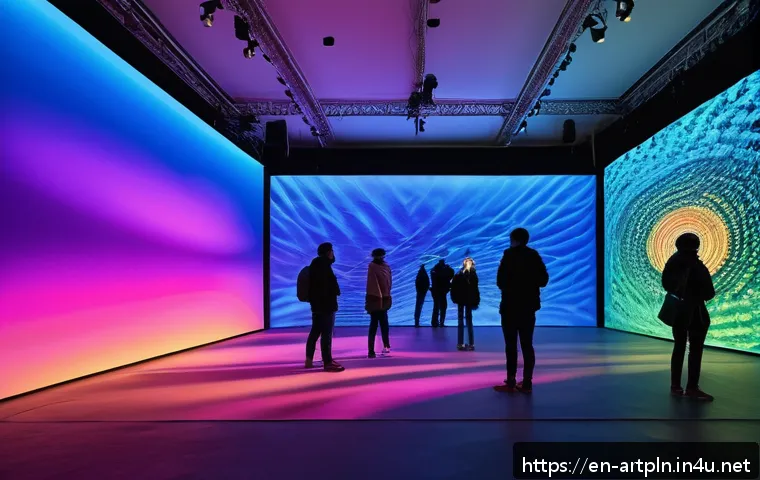 미술문화기획사 관련 추천 유튜브 채널 - A large, modern art gallery transformed into an immersive installation space: vibrant, dynamic light...