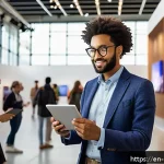 Home 19 미술문화기획사의 연봉 협상 성공 사례 - A confident art culture planner standing in a modern gallery space, surrounded by vibrant, diverse c...