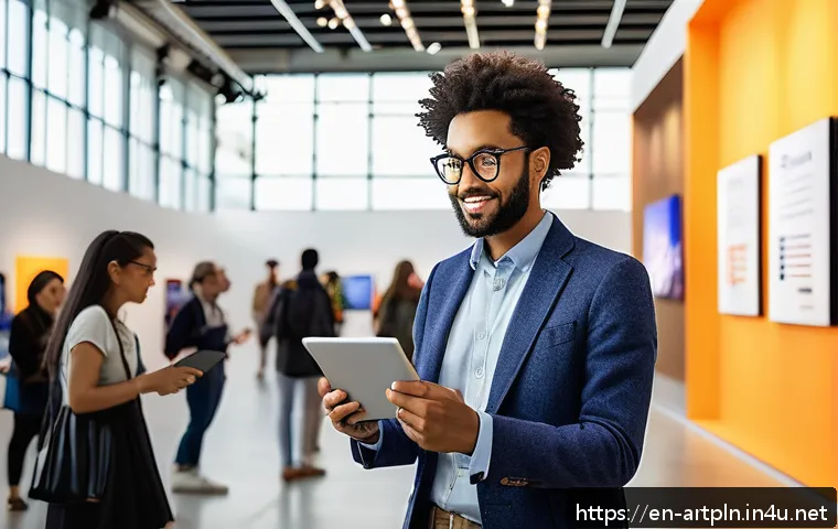 미술문화기획사의 연봉 협상 성공 사례 - A confident art culture planner standing in a modern gallery space, surrounded by vibrant, diverse c...