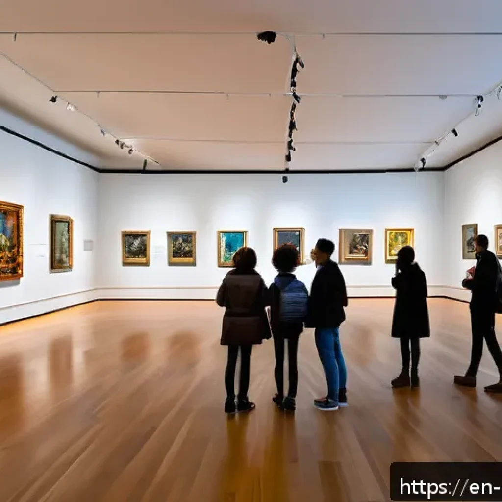 미술문화기획사 자격 시험 준비 스케줄 - A detailed, vibrant museum exhibition scene showcasing key artistic movements through history: Renai...