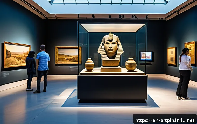 미술문화기획사와 문화재 복원 직군의 연계성 - A sophisticated museum exhibition scene showcasing a blend of historical artifacts and modern techno...