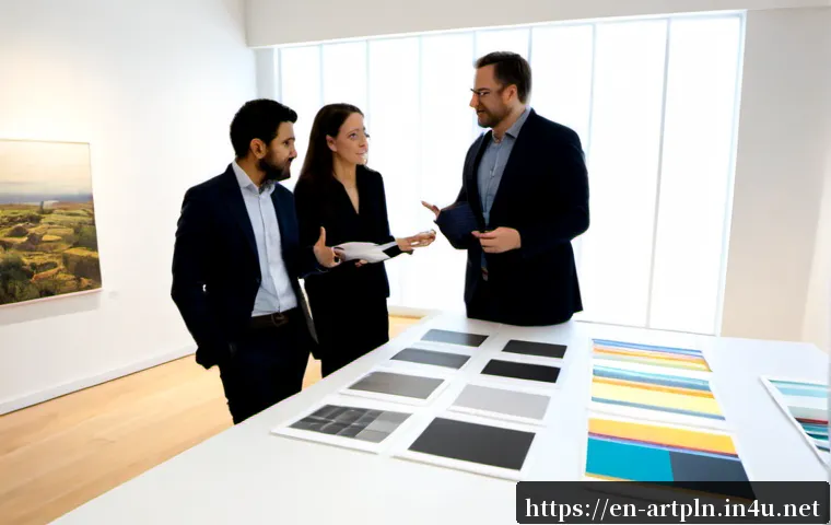 Home 30 미술문화기획사의 전시기획 주요 요소 - Photorealistic contemporary art exhibition planning meeting in a bright modern gallery office, diver...